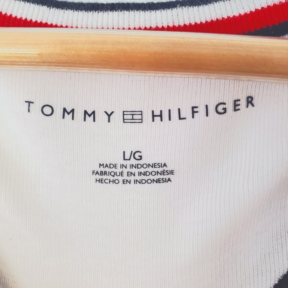TOMMY HILFIGER Women L White Sleeveless Top Red White Blue Stripe Accent Preppy - Picture 2 of 12